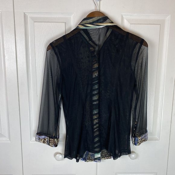 Y2K S Small Mesh Artsy Art To Wear Satin Button Down Shirt Blouse Top Pintuck - Picture 2 of 4
